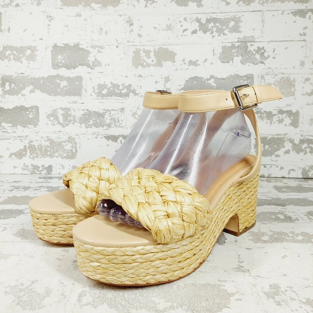 NEW Marc Fisher Steel Jute Raffia Buckle Ankle Strap Summer Sandals H757